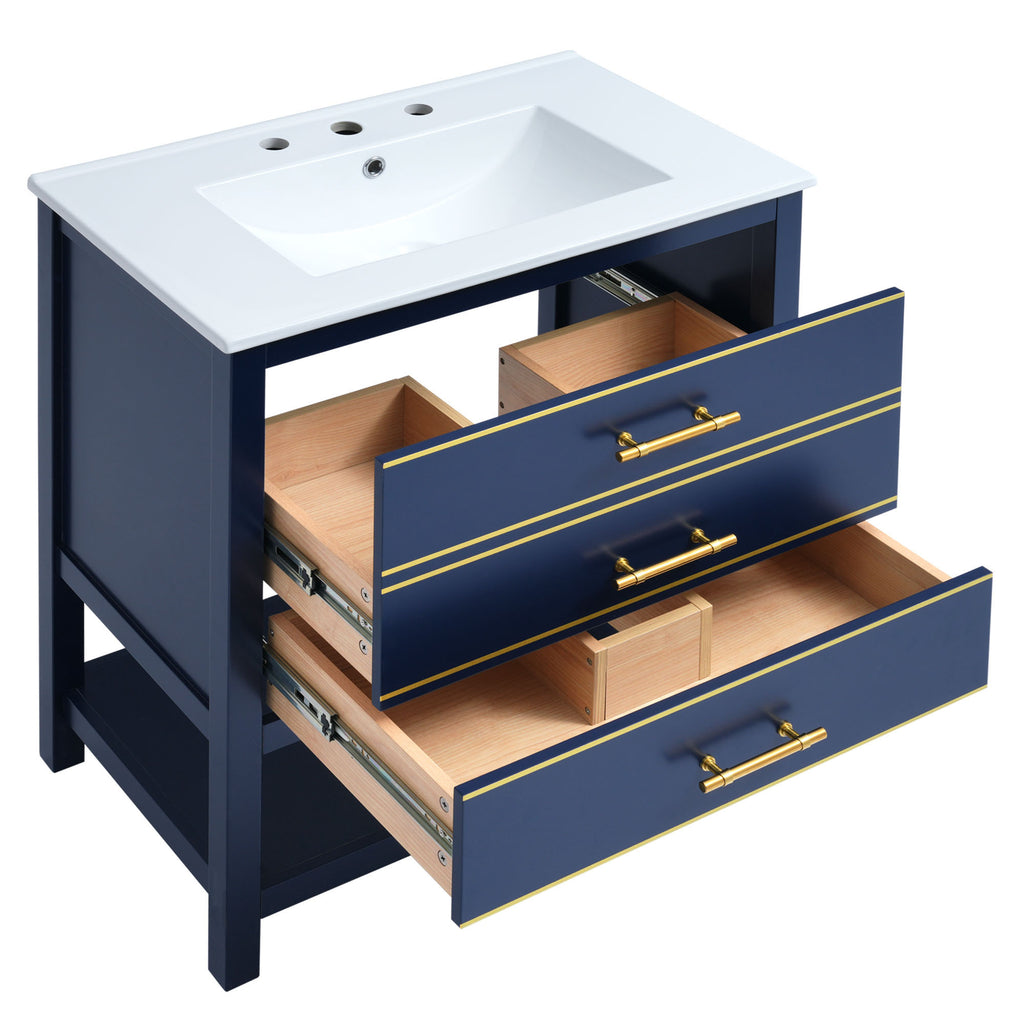 Leoglint [Viedo]Modern 30inch Navy Blue/White Bathroom Vanity Cabinet Combo with OpenStorge, Two Drawers