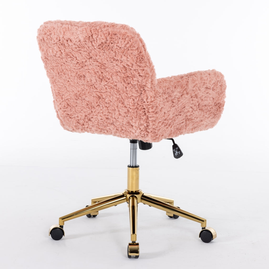 Leoglint A&A Furniture Office Chair,Artificial rabbit hair Home Office Chair with Golden Metal Base,Adjustable Desk Chair Swivel Office Chair,Vanity Chair(Pink)