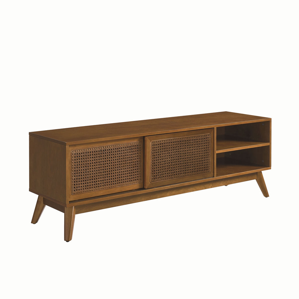 Leoglint 59 Inch Mid Century Modern Rattan TV Stand for 65 Inch TV, Entertainment Cabinet, Media Console for Living Room Bedroom Media Room, Solid Wood Feet & Rattan Cabinet Doors - Light Wood