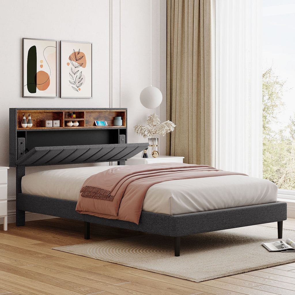 Leoglint Full size Upholstered Platform Bed with Storage Headboard and USB Port,  Linen Fabric Upholstered Bed (Gray)