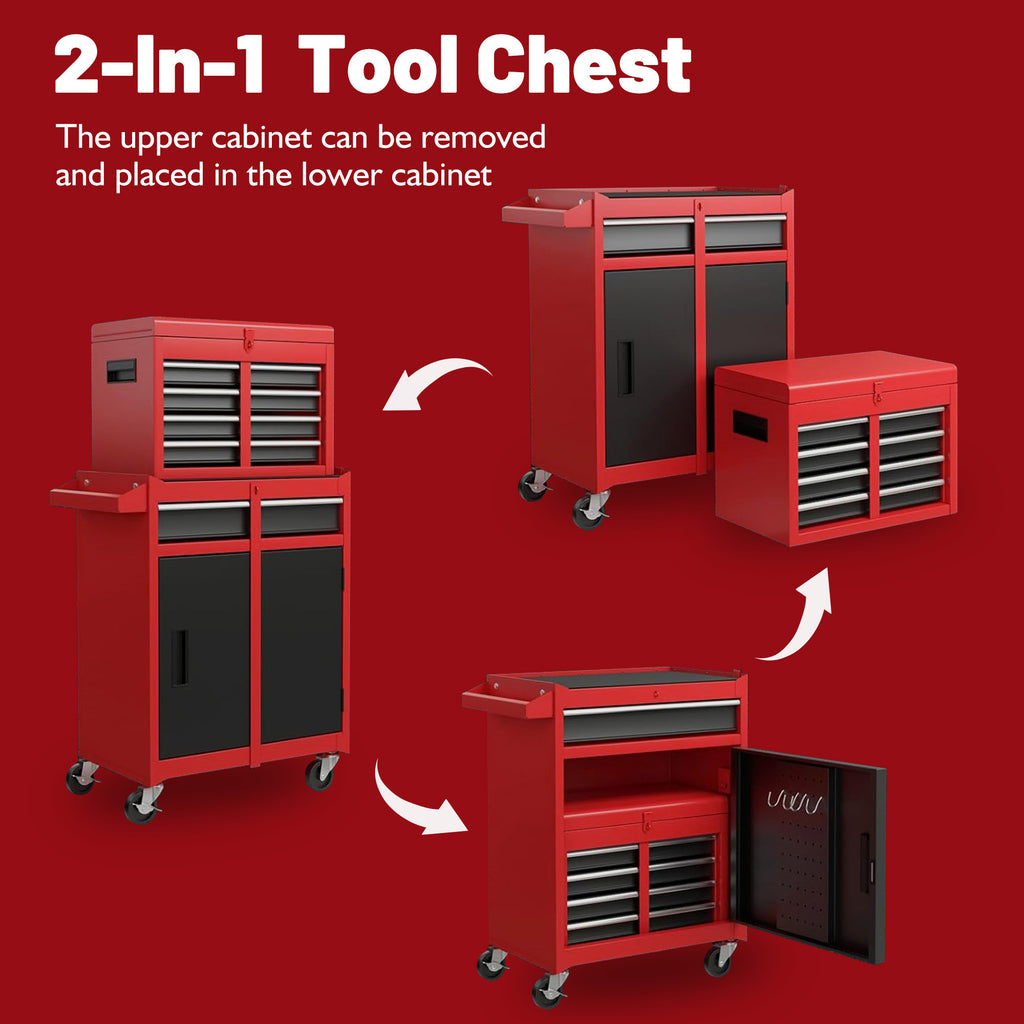 Leoglint Tool Chest, 5-Drawer Rolling Tool Storage Cabinet with Detachable Top Tool Box, Liner, Universal Lockable Wheels, Adjustable Shelf, Locking Mechanism, Metal Tool Cart for Garage Workshop