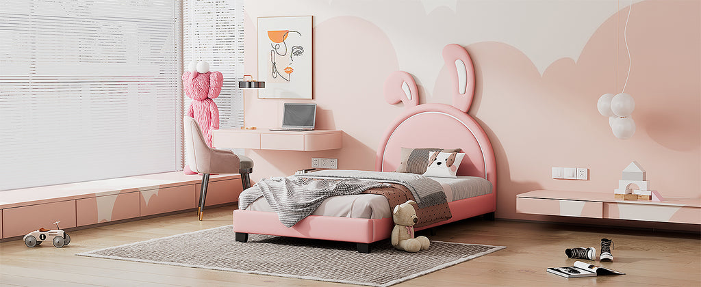 Leoglint Twin Size Upholstered Leather Platform Bed Frame with Rabbit Ornament, Pink