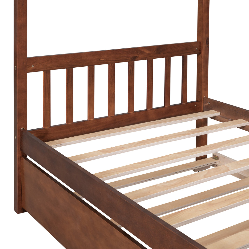 Leoglint Twin Size Wooden House Bed Frame with Twin Size Trundle, Walnut