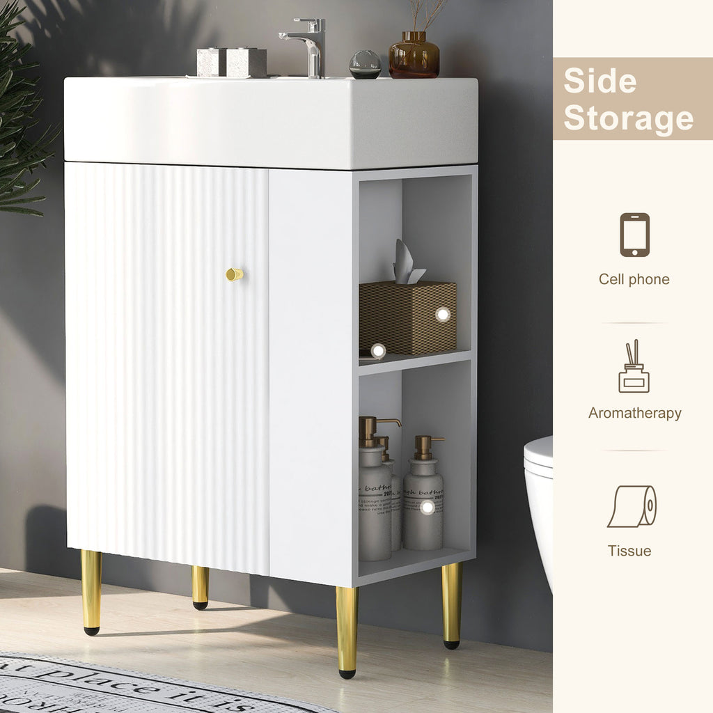 Leoglint 21.6" white Bathroom vanity, Combo Cabinet, Bathroom Storage Cabinet, Single Ceramic Sink, Right side storage