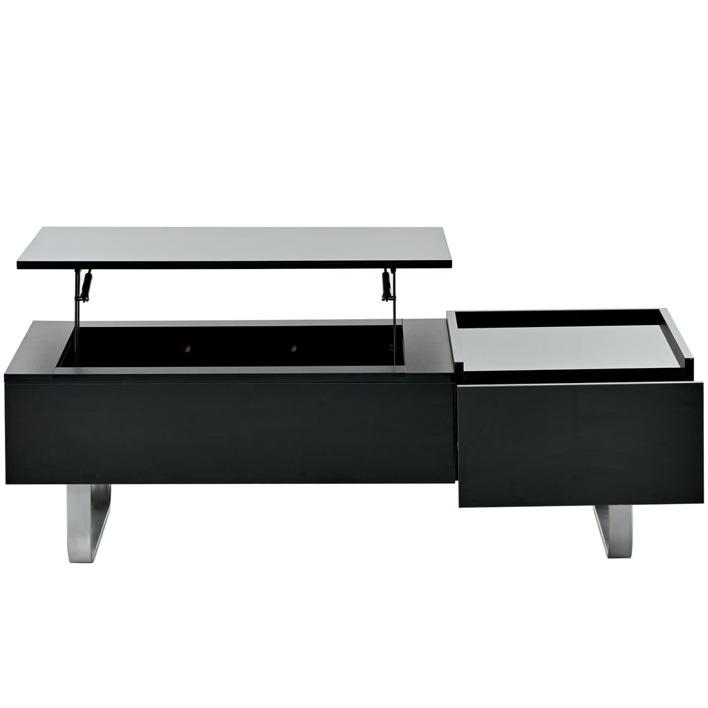 Leoglint [VIDEO provided] ON-TREND Multi-functional Coffee Table with Lifted Tabletop, Contemporary Cocktail Table with Metal Frame Legs, High-gloss Surface Dining Table for Living Room, Black