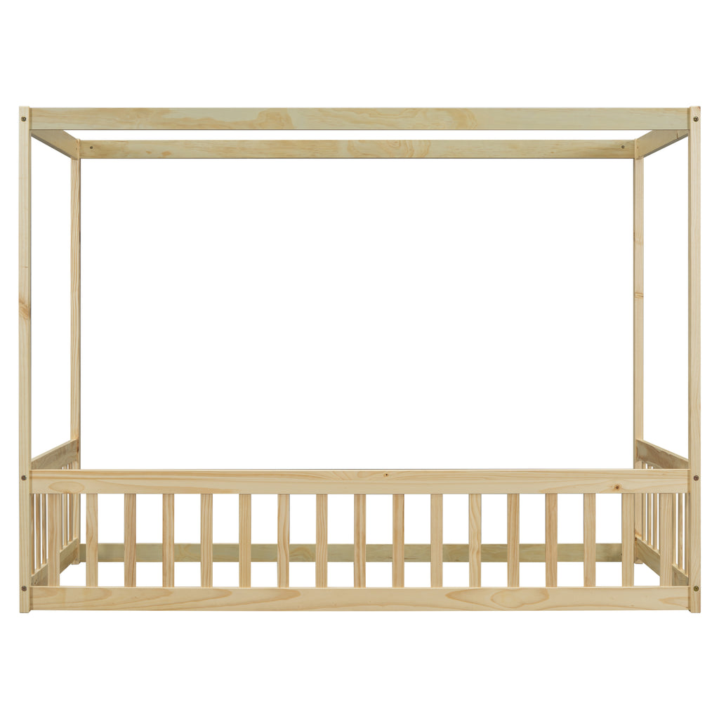 Leoglint Twin Size Canopy Frame Floor Bed Frame with Fence, Guardrails,Natural