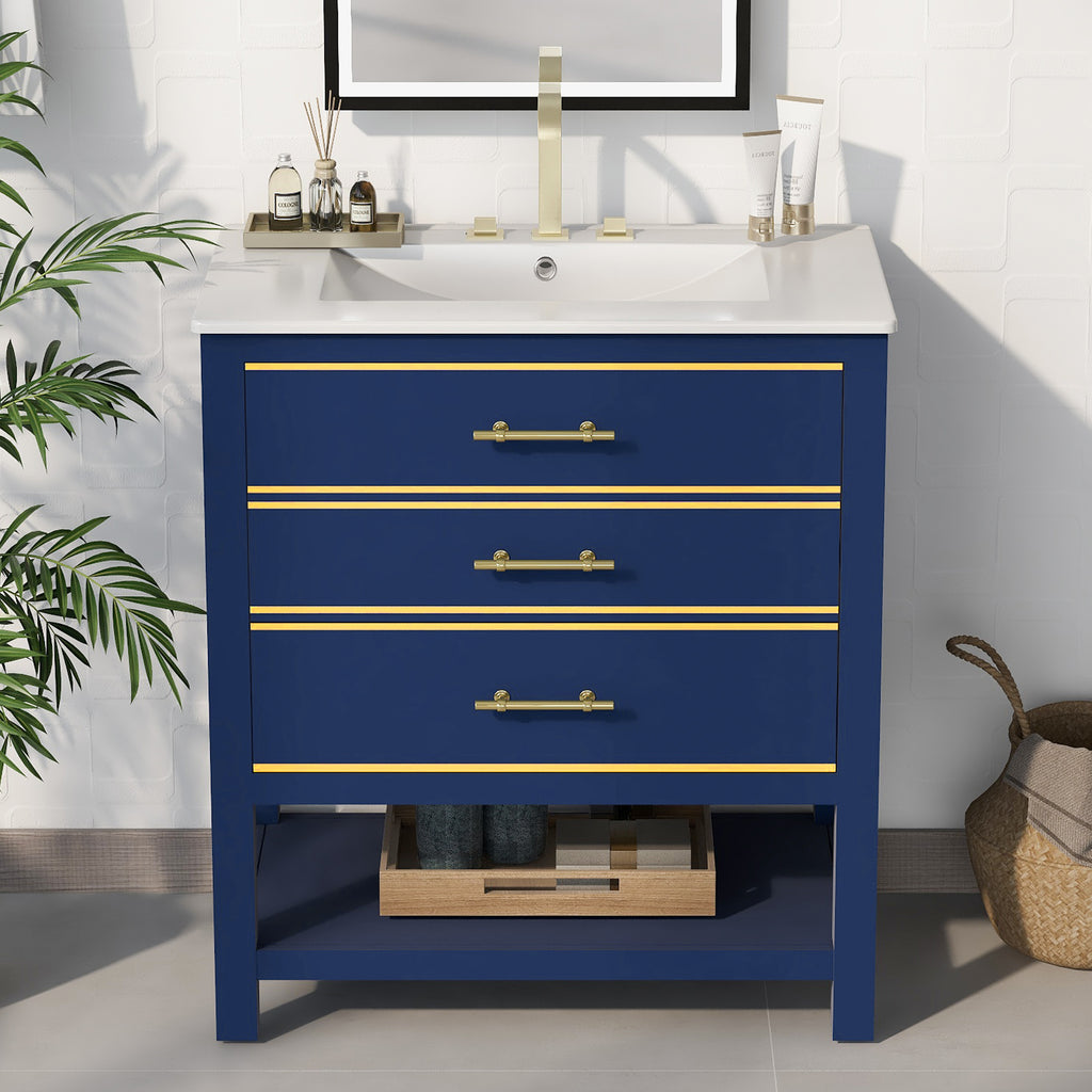 Leoglint [Viedo]Modern 30inch Navy Blue/White Bathroom Vanity Cabinet Combo with OpenStorge, Two Drawers