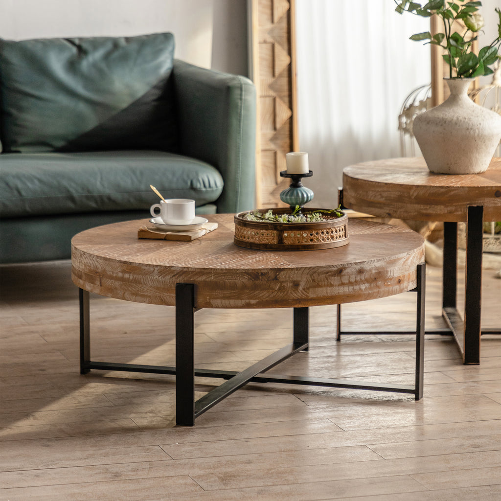 Leoglint 31.29"Modern Retro Splicing Round Coffee Table ,  Fir Wood Table Top with Cross Legs Metal Base(Same SKU:W757123560)