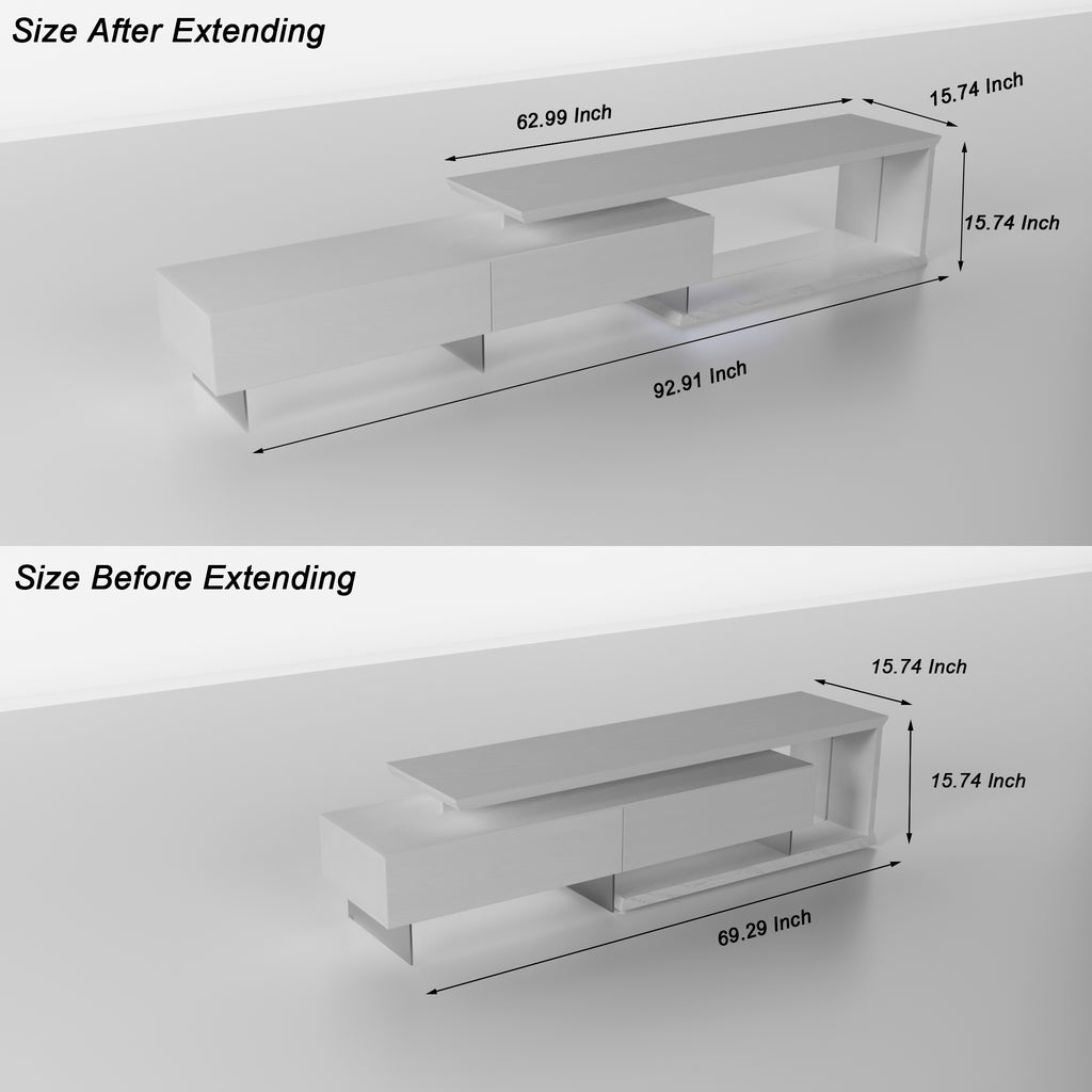 Leoglint TV Console with Storage Cabinets, Extendable LED TV Stand with Remote Control, Multiple Modes Changing Lights Modern Entertainment Center with Chamfer Edge Shape, White