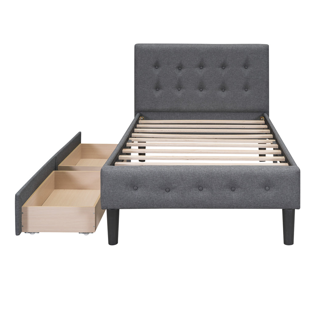 Leoglint Twin Size Upholstered Platform Bed Frame with 2 Drawers, Gray