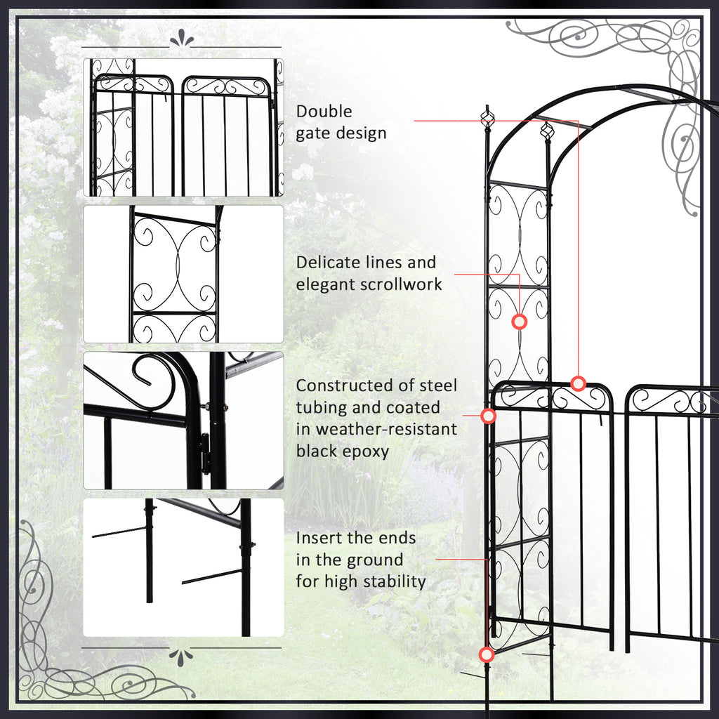 Leoglint 84" Garden Trellis Arch Arbor with Gate, Metal Arch Trellis, Garden Archway for Climbing Vines, Wedding Ceremony Decoration, Flourishes & Arrow Tips, Black