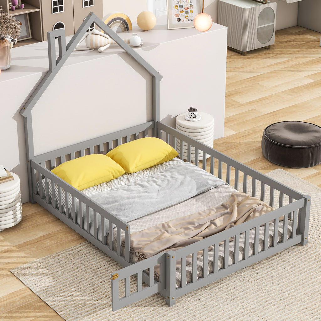 Leoglint Bed Frame Full House-Shaped Headboard Floor Bed with Fence ,Grey