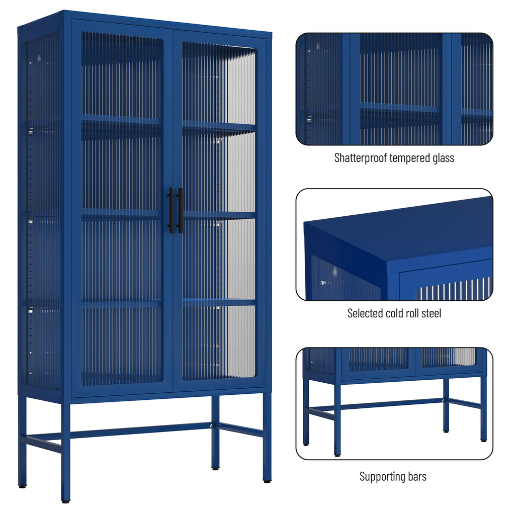 Leoglint Double Glass Door Storage Cabinet with Adjustable Shelves and Feet Cold-Rolled Steel Sideboard Furniture for Living Room Kitchen BLUE