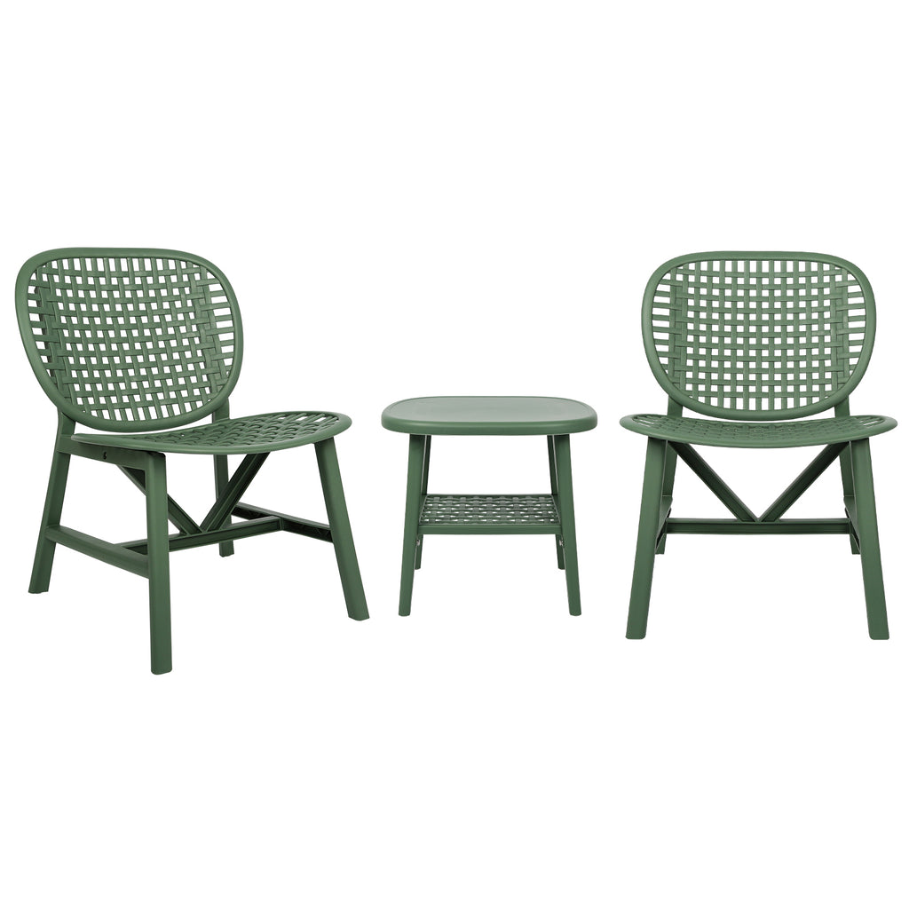 Leoglint 3 Pieces Hollow Design Retro Patio Table Outdoor Chair Set All Weather Conversation Bistro Set Outdoor Table with Open Shelf and Lounge Chairs with Widened Seat for Balcony Garden Yard  Green