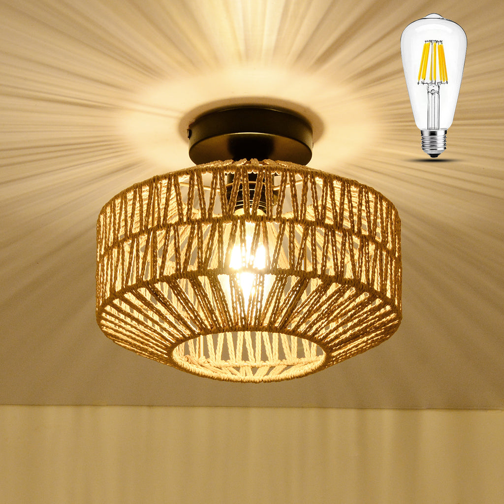 Leoglint Pendant Mini Rattan Flush Mount Light Chandelier with Dimmable LED Bulb