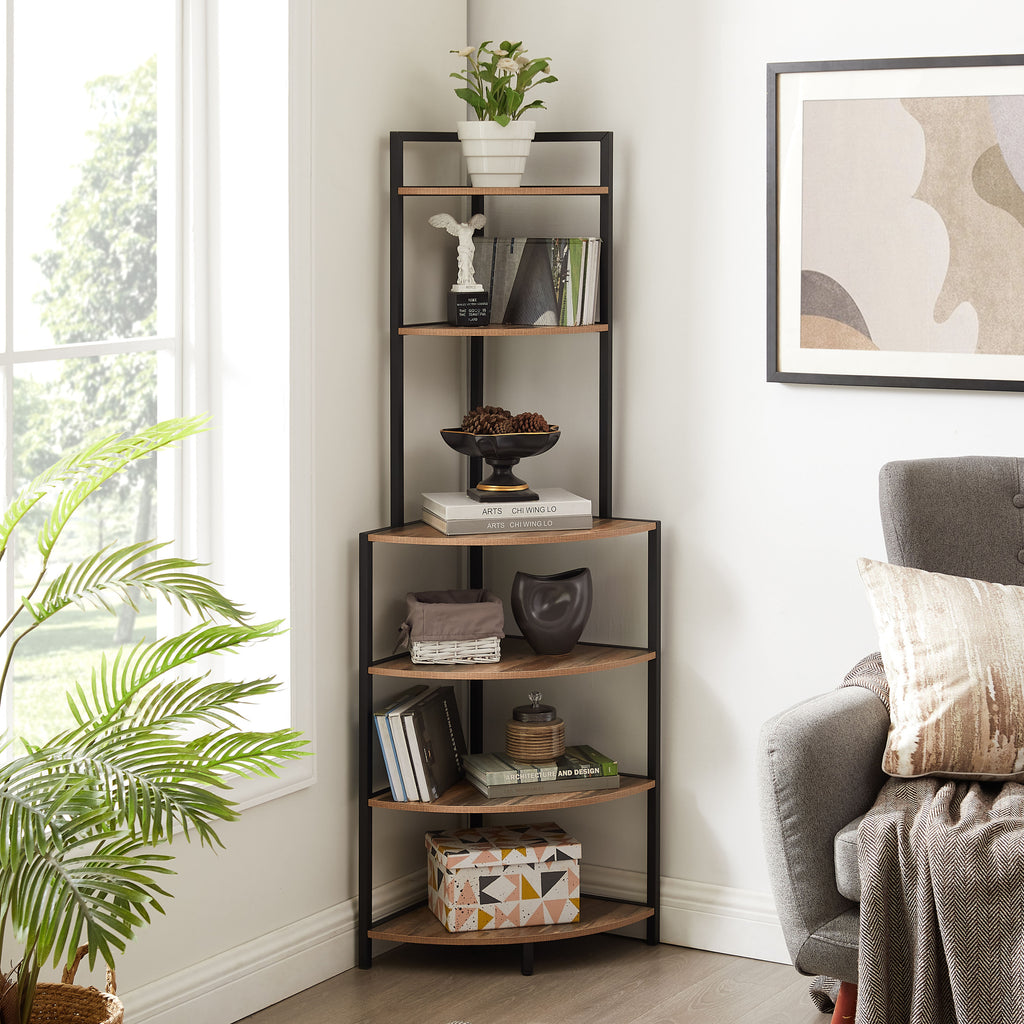 Leoglint 6-Tier Corner Open Shelf Modern Bookcase Wood Rack Freestanding Shelving Unit,Plant Album Trinket Sturdy Stand Small Bookshelf Space-Saving for Living Room Home Office Kitchen Small Space Rustic Brown