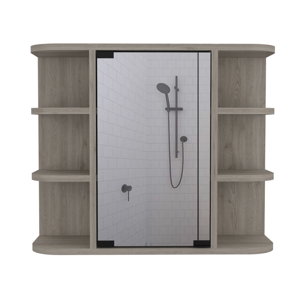 Leoglint Mirrored 19H" Medicine Cabinet, Six External Shelves, Three Interior Shelves, Light Gray