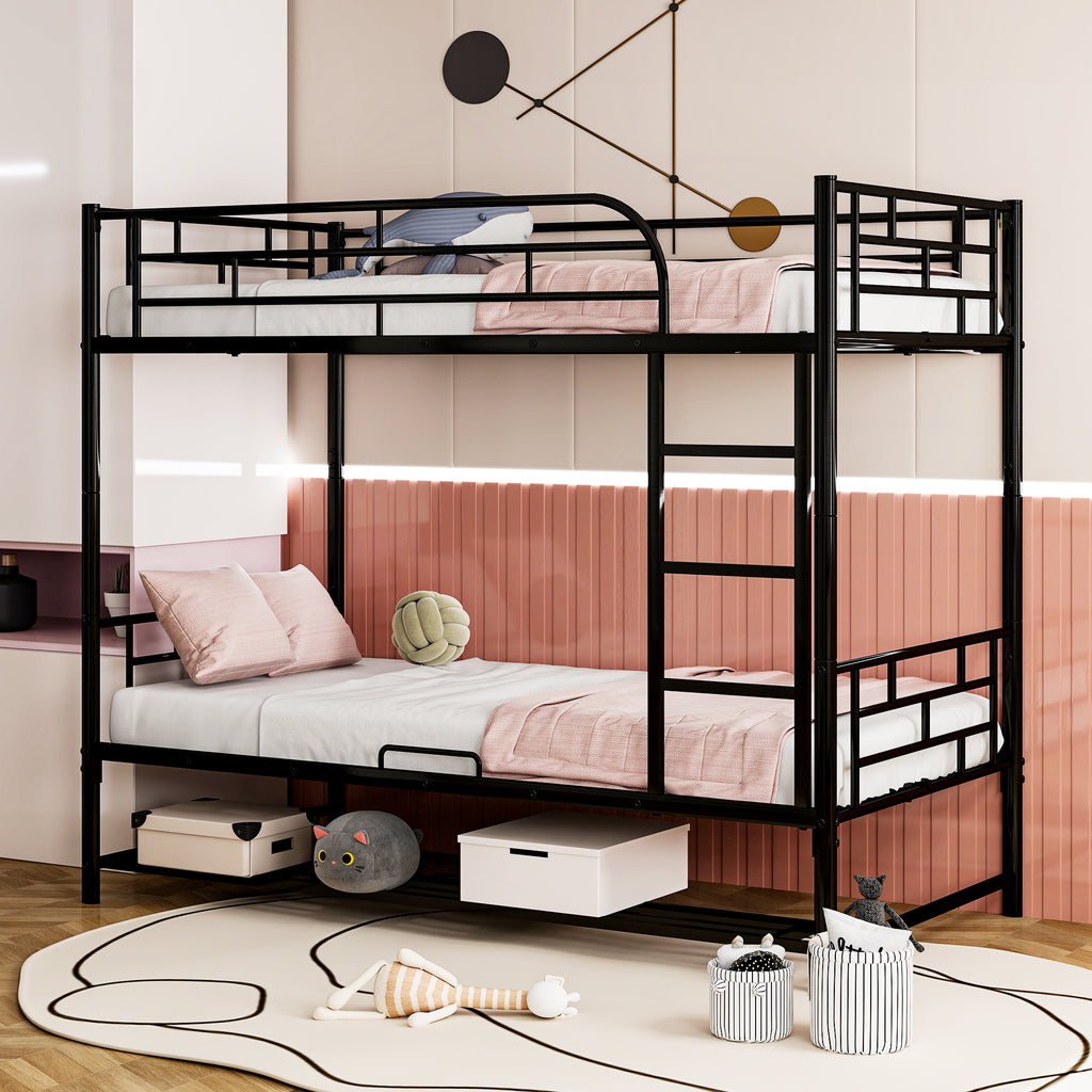 Leoglint Twin Over Twin Metal Bunk Bed Frame with Shelf and Guardrails, Black