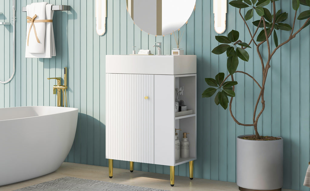 Leoglint 21.6" white Bathroom vanity, Combo Cabinet, Bathroom Storage Cabinet, Single Ceramic Sink, Right side storage