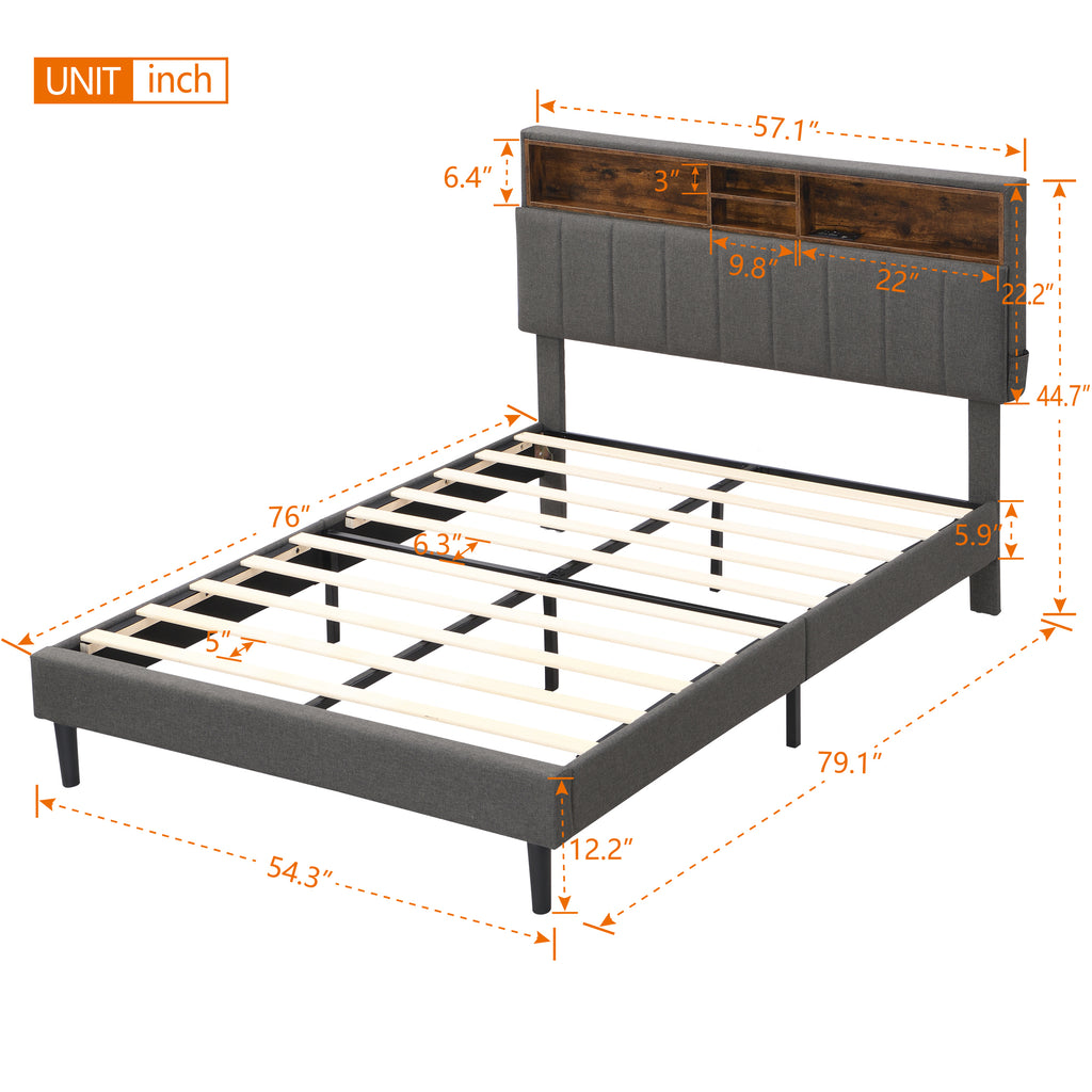 Leoglint Full size Upholstered Platform Bed with Storage Headboard and USB Port,  Linen Fabric Upholstered Bed (Gray)