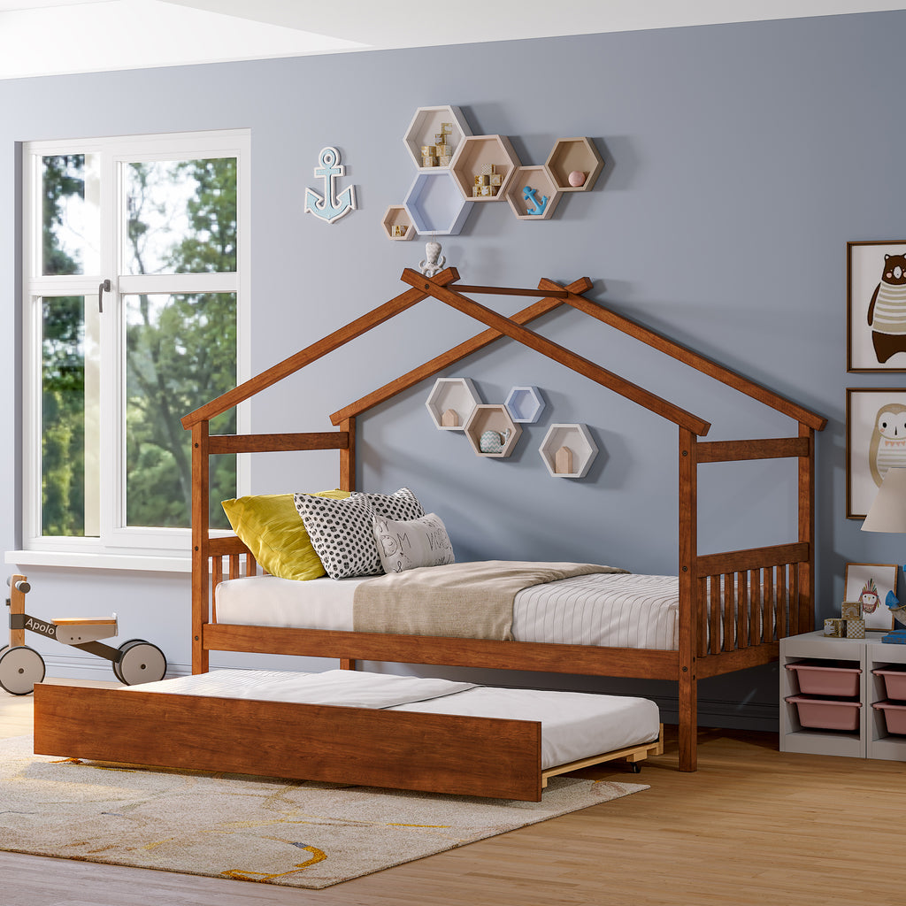 Leoglint Twin Size Wooden House Bed Frame with Twin Size Trundle, Walnut