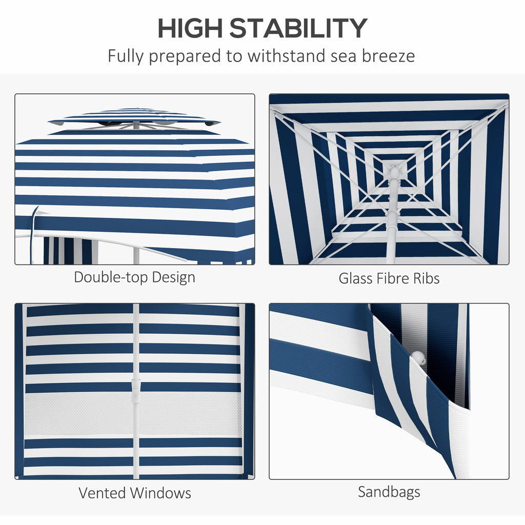 Leoglint 5.8' x 5.8' Portable Beach Outdoor Umbrella with Double-Top, Ruffled Outdoor Cabana with Walls, Vents, Sandbags, Carry Bag, Blue & White Stripe