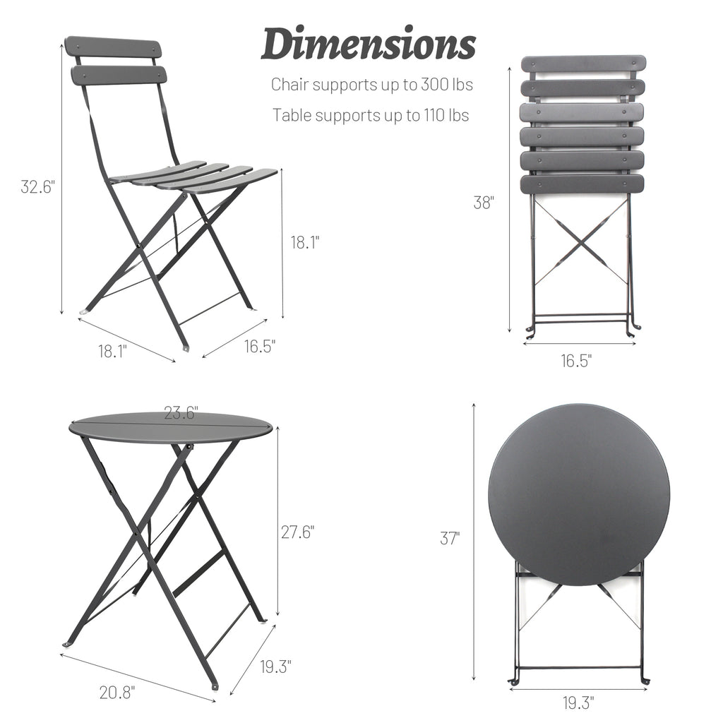 Leoglint 3 Pieces Patio Bistro Balcony Metail Outdoor Chair Table Set-Gray