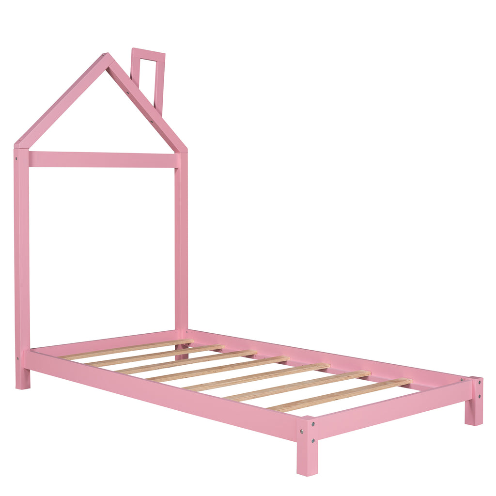 Leoglint Twin Size Wood Platform Bed Frame with House-shaped Headboard  (Pink)