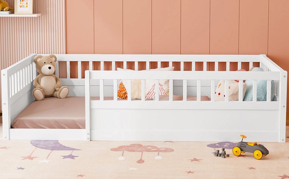 Twin Floor Bed Frame with Fence, Wood Kids Floor Beds Frame for Bedroom Playroom,White(Expect arrive date Jun. 21st)