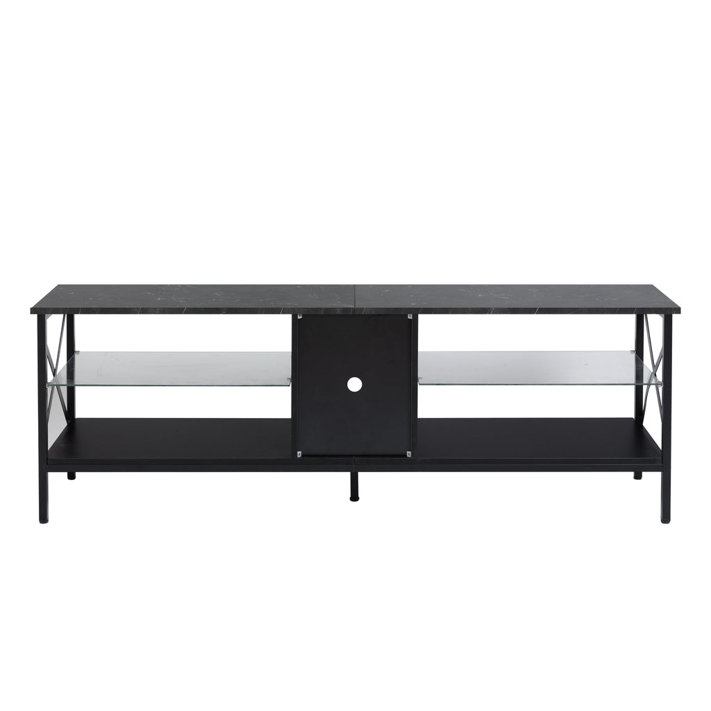 Leoglint TV stand,Iron TV cabinet,entertainment center, TV set, media console, with LED lights, remote control,toughened glass stand,can be placed in the living room, bedroom, color:black with marble texture