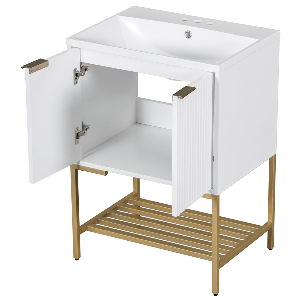 Leoglint 24" Bathroom Vanity with Sink, Bathroom Vanity Cabinet with Two Doors and Gold Metal Frame, Open Storage Shelf, White