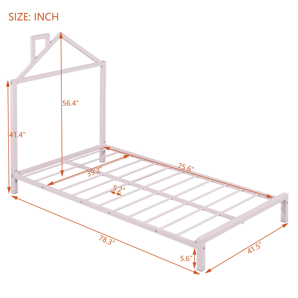 Leoglint Twin Size Metal Platform Bed Frame with House-Shaped Headboard Design, Pink