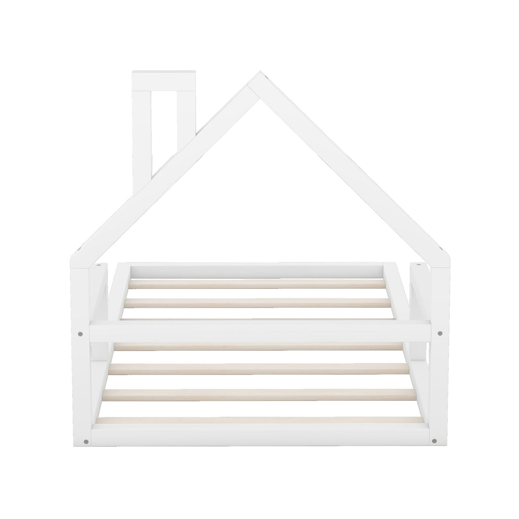 Leoglint Twin Size Wood Floor Bed Frame with House-shaped Headboard, White