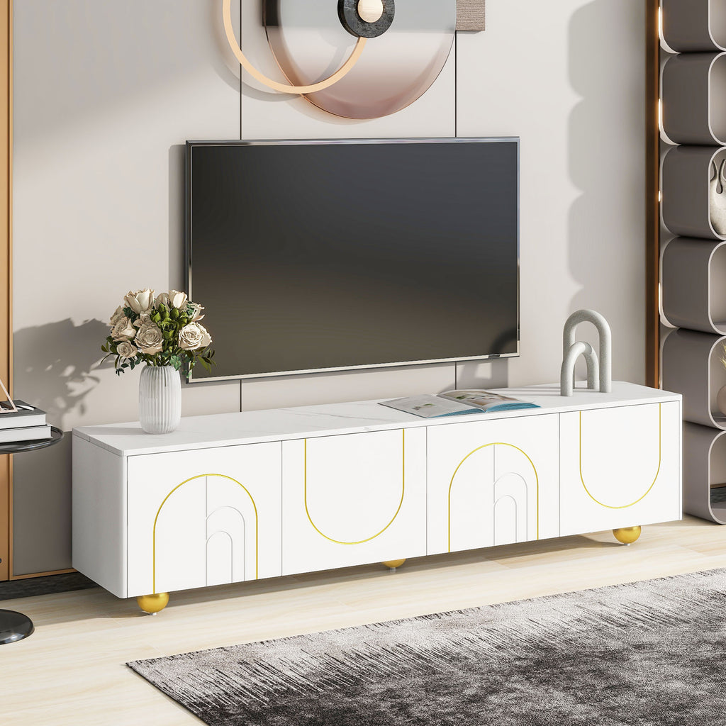 Leoglint U-Can Modern TV Stand for TVs up to 75 Inches, Entertainment Center with Storage Cabinets and 1 Adjustable Shelf, Media Console with Marble-patterned Top and Golden Round Metal Legs for Living room