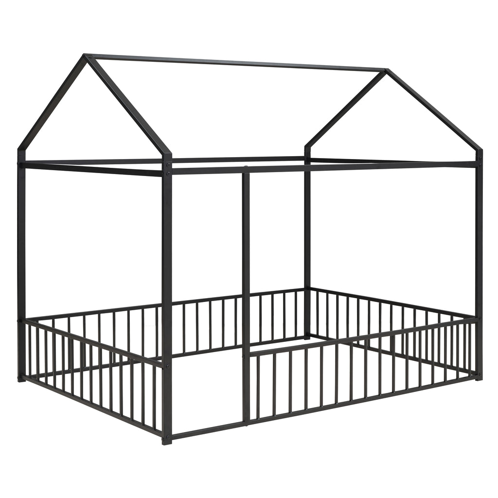 Leoglint Full Size Metal Bed House Bed Frame with Fence, for Kids, Teens, Girls, Boys,Black