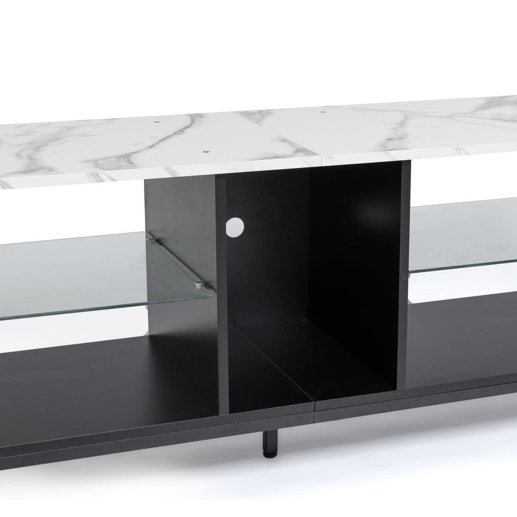 Leoglint TV stand,Iron TV cabinet,entertainment center, TV set, media console, with LED lights, remote control,toughened glass stand,can be placed in the living room, bedroom, color:white with marble texture