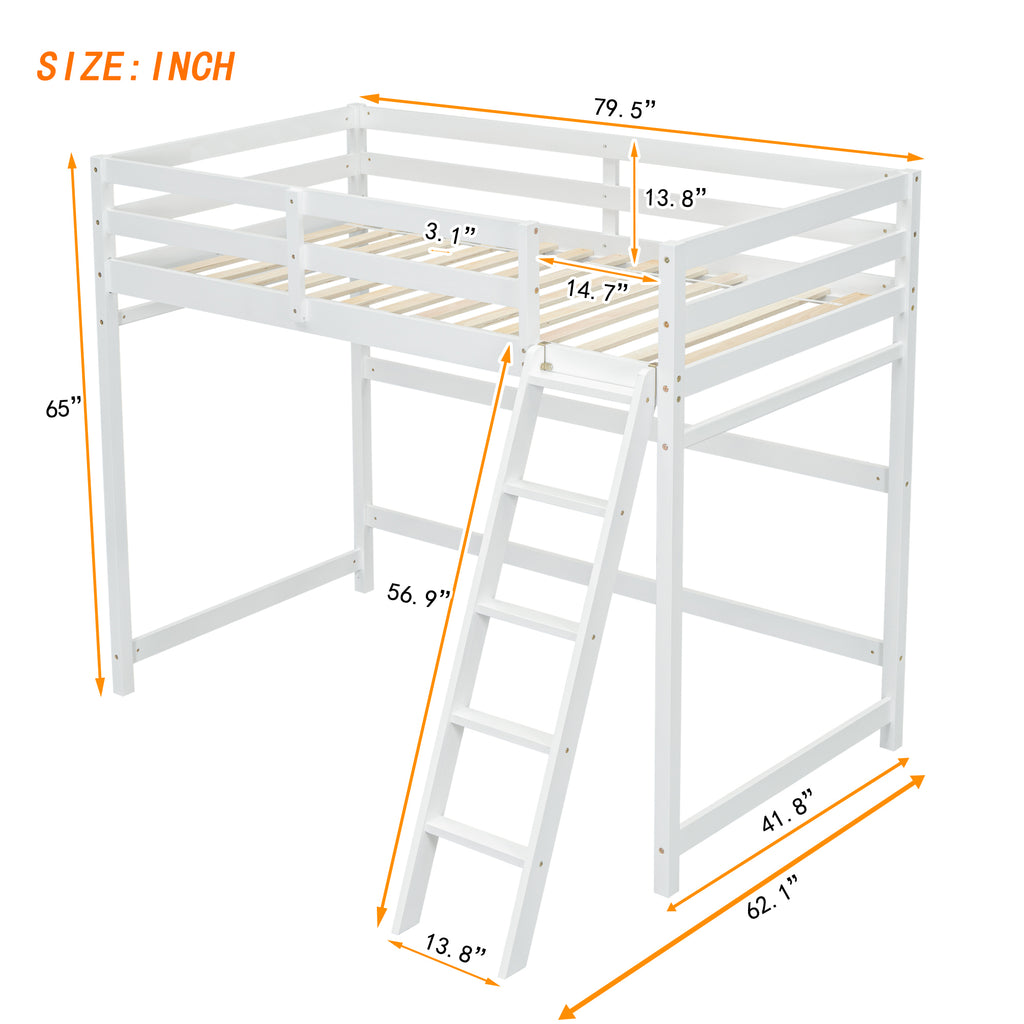 Leoglint Twin Size High Loft Bed Frame with inclined Ladder, Guardrails,White