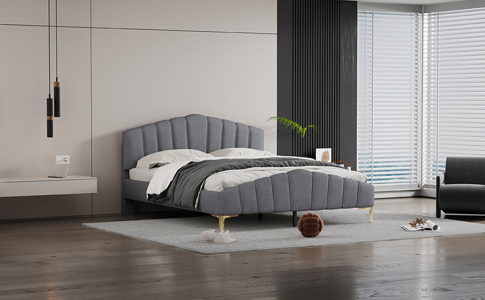 Queen Size Velvet Platform Bed Frame with Thick Fabric, Stylish Stripe Decorated Bedboard and Elegant Metal Bed Leg, Gray