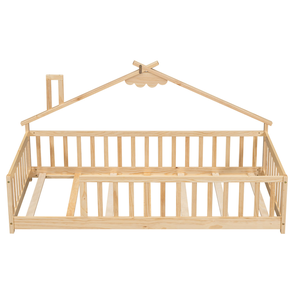 Twin House-Shaped Bedside Floor Bed Frame with Guardrails, Slats, without Door ,Natural