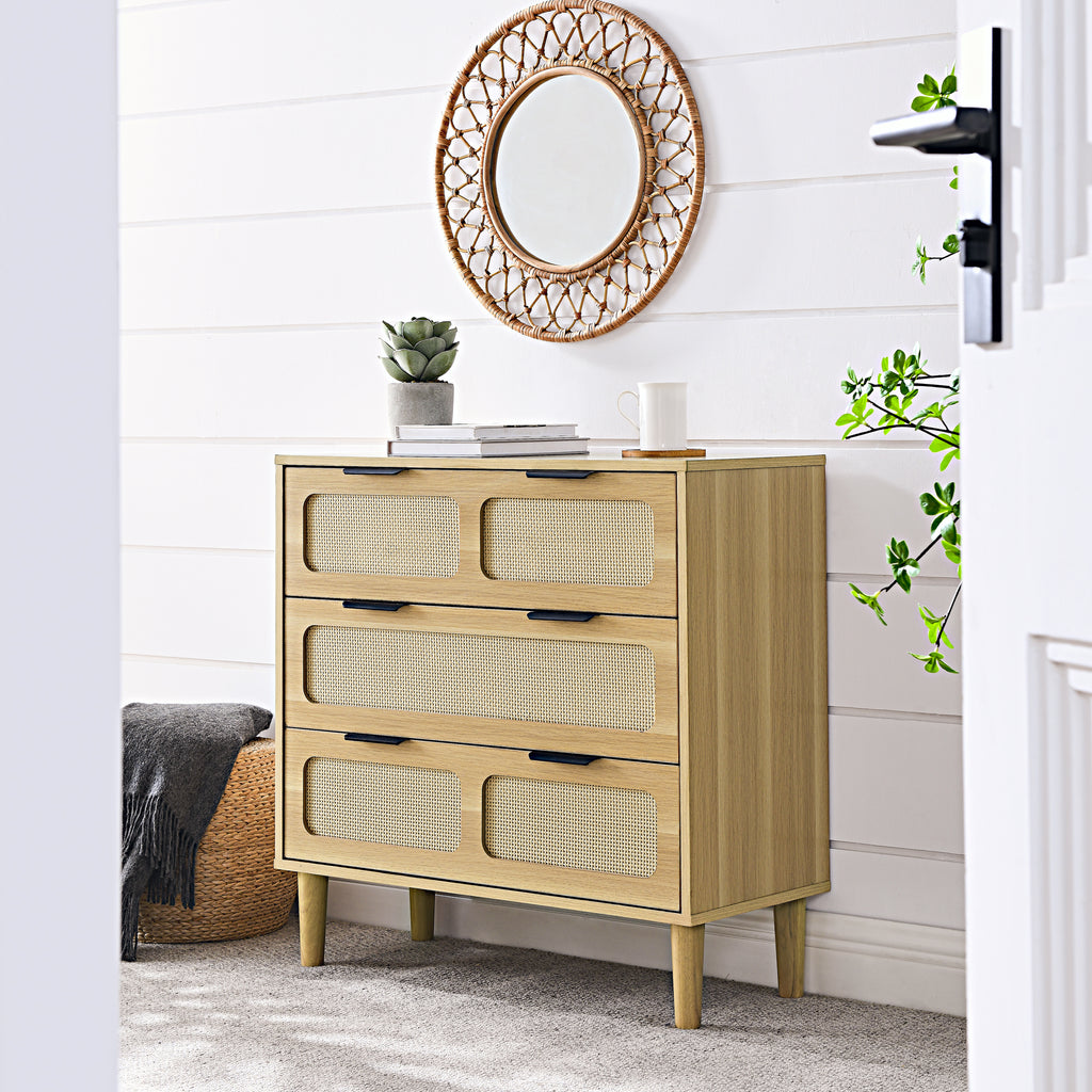 Leoglint 3 drawer dresser,Drawer Chest, modern rattan dresser cabinet with wide drawers and metal handles, farmhouse wooden storage chest of drawers for room, living room, hallway, entrance, office