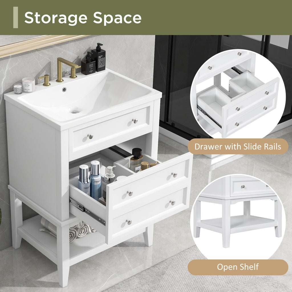 Leoglint 24" Bathroom Vanity With Sink, Bathroom Storage Cabinet with Drawer and Open Shelf, Solid Wood Frame, White