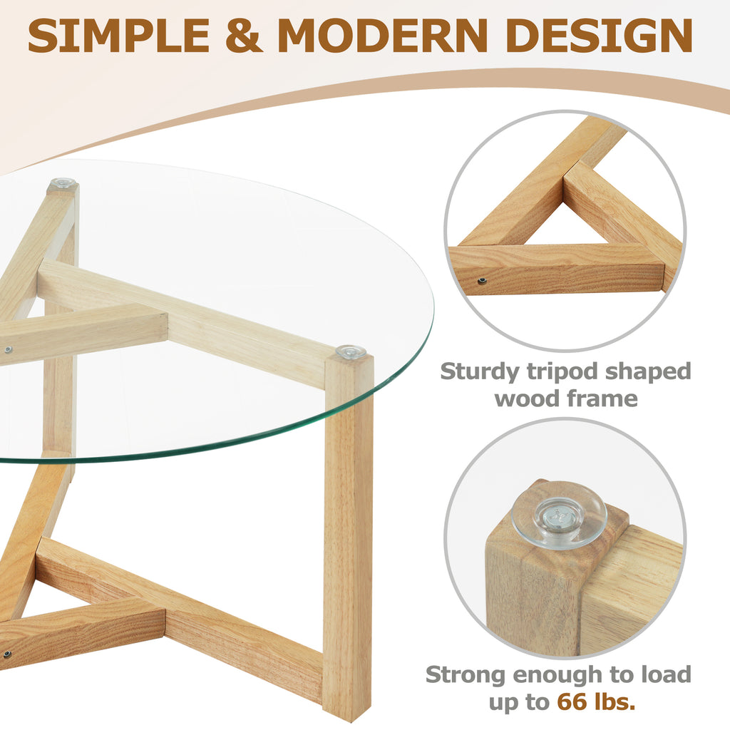 Leoglint [New Picture] ON-TREND Round Glass Coffee Table Modern Cocktail Table Easy Assembly with Tempered Glass Top & Sturdy Wood Base, Natural (OLD SKU: WF190112AAL)