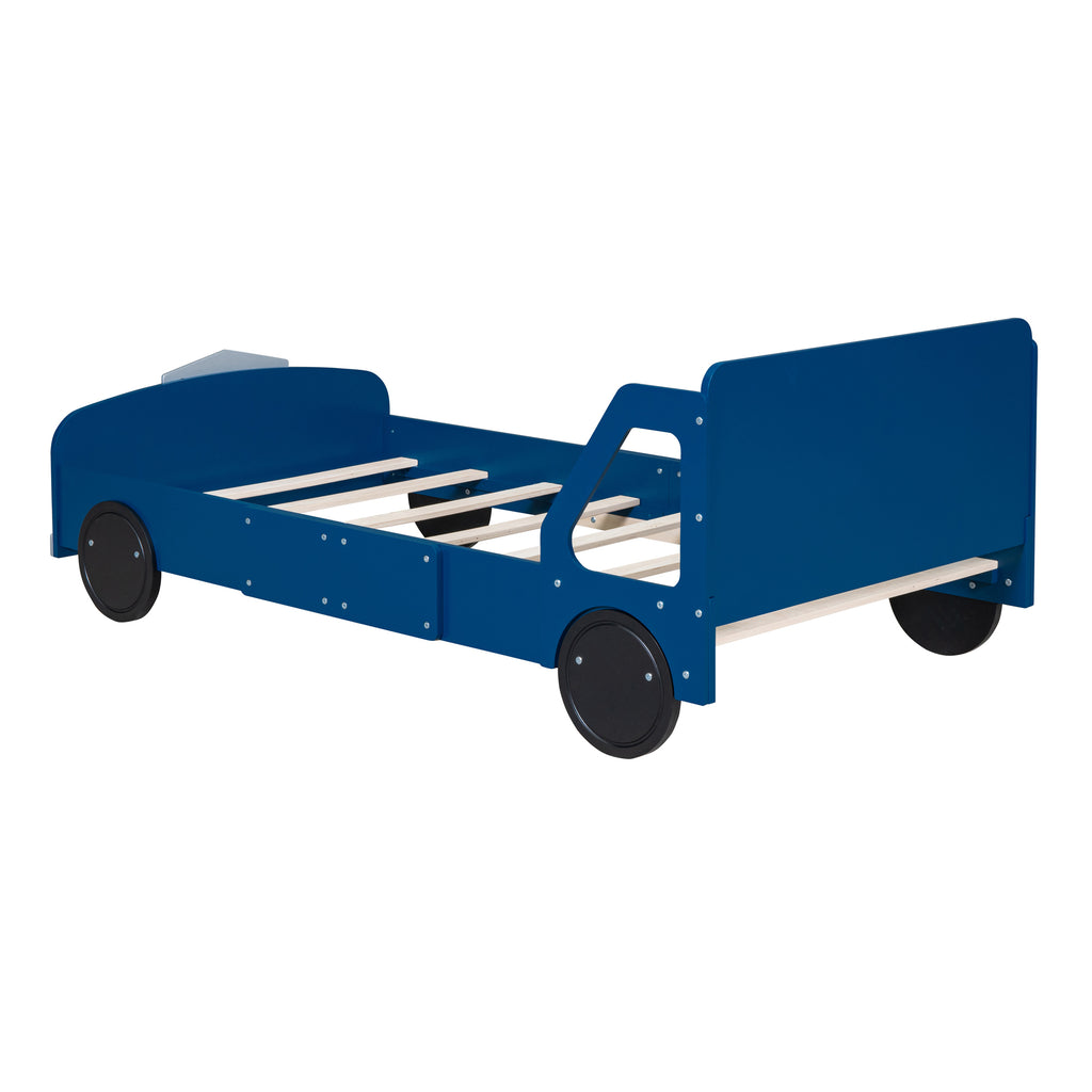 Leoglint Twin Size Car-Shaped Platform Bed Frame with Wheels,Blue