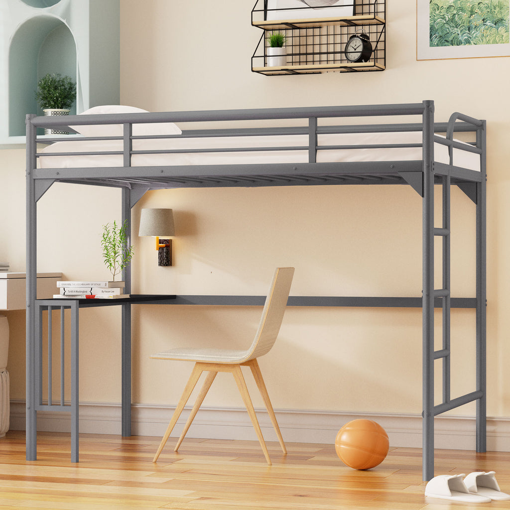 Leoglint Twin Metal loft Bed Frame with Desk, Ladder and Guardrails, bookdesk under bed, Silver