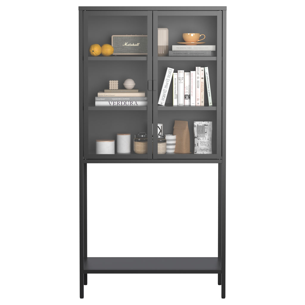 Leoglint 59"H Heavy Duty Metal Storage Cabinet,Sideboards & Buffet,Display Storage Cabinet with Glass Doors and 2 Adjustable Shelves, Tall Bookcase Modern Bookshelf Cabinet for Home Office, Living Room