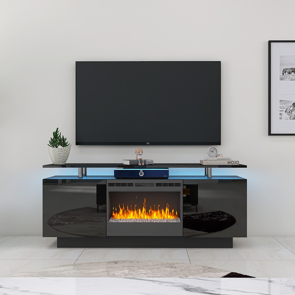 Leoglint Black 160CM large TV stand cabinet with fireplace can heating change color 9 models 8 levels have LED Light