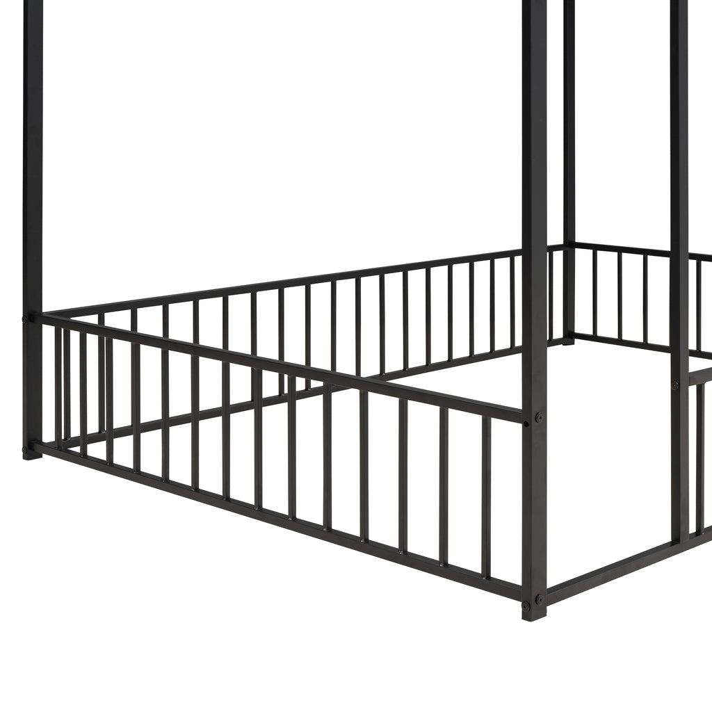 Leoglint Full Size Metal Bed House Bed Frame with Fence, for Kids, Teens, Girls, Boys,Black