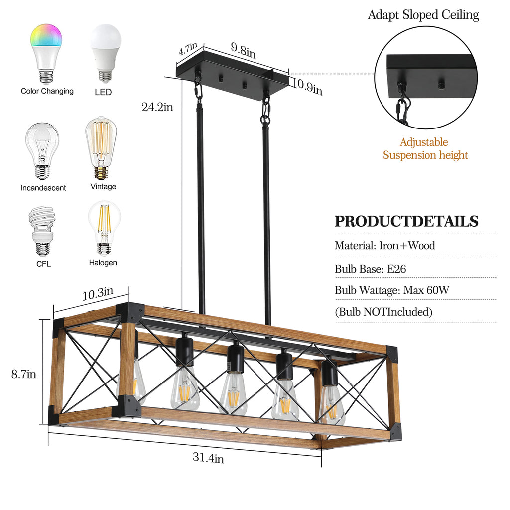 Leoglint Pendant 5-Light Retro Farmhouse Chandelier For Kitchen, Living room, Dining room Walnut(No Bulbs)