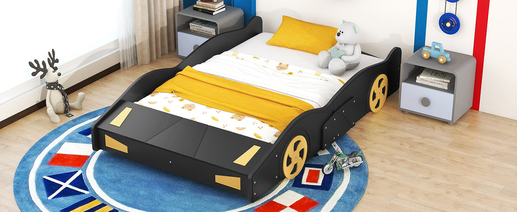 Leoglint Full Size Race Car-Shaped Platform Bed with Wheels and Storage, Black+Yellow