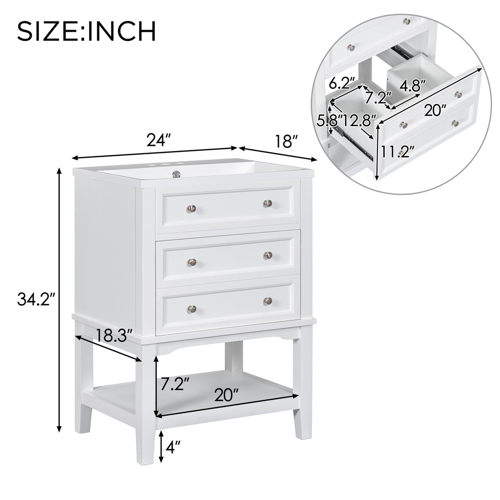 Leoglint 24" Bathroom Vanity With Sink, Bathroom Storage Cabinet with Drawer and Open Shelf, Solid Wood Frame, White